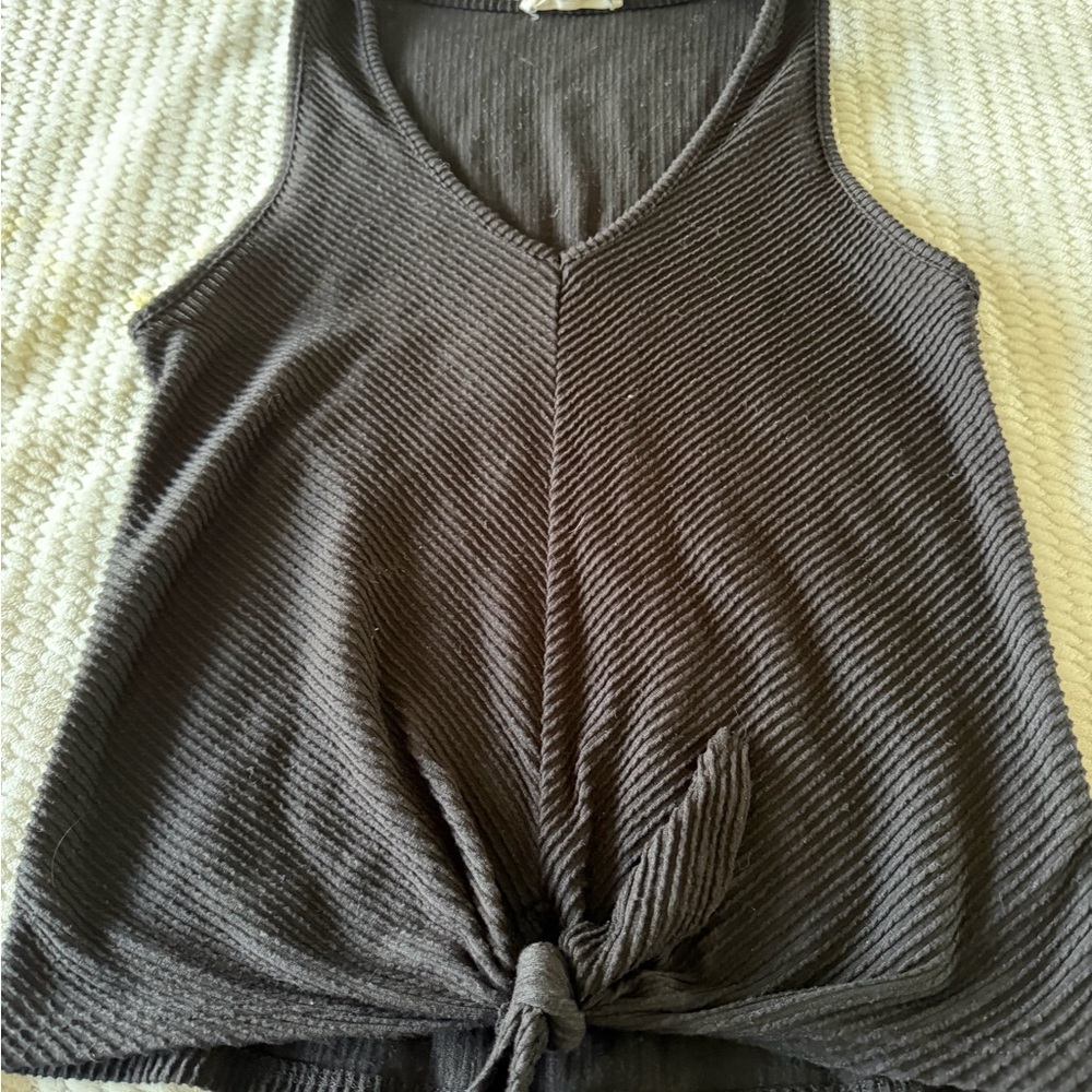Caution To The Wind Black Ribbed Tie-Front Tank Top